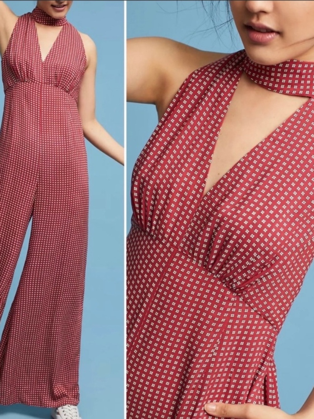 Anthropologie Maeve Mock Neck Frida Red Halter Jumpsuit